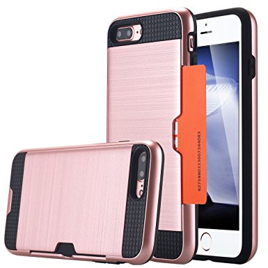 iPhone 7 Plus Case, LONTECT Dual Layer Hybrid Shock Absorbing Metallic Brush Matte Impact Protection Case Cover with Card Slot Holder for Apple iPhone 7 Plus - Rose Gold