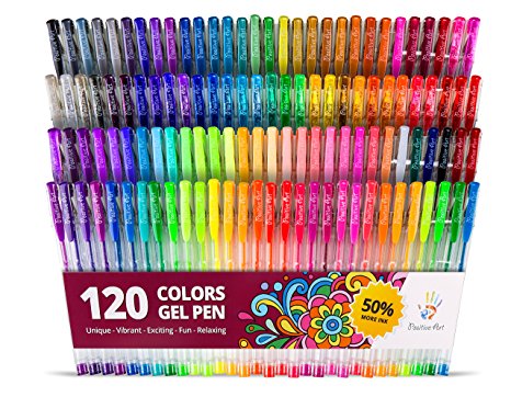 Positive Art 120 Unique Colors (No Duplicates) Gel Pen Set — #1 Pens For Adult Coloring Books! — Huge Color Selection Including ,Glitter ,Metallic, Neon ,Standard, Pastel —Excellent gift idea!