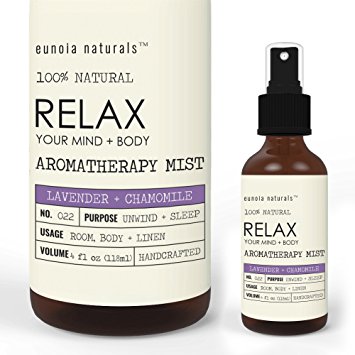 Lavender + Chamomile Aromatherapy Mist, Sleep Spray, 100% Theraputic Grade Essential Oil Blend, Body + Room Mist, Calming + Relaxing Spray, Bedtime Mist, eunoia naturals, 4 Fluid Ounces