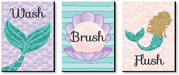 Big Dot of Happiness Let's Be Mermaids - Kids Bathroom Rules Wall Art - 7.5 x 10 inches - Set of 3 Signs - Wash, Brush, Flush