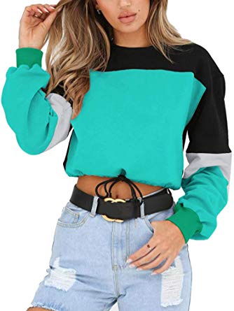 Angashion Womens Sweatshirt-Long Sleeve Drawstring Hem Color Block Crop Top Pullover Tops