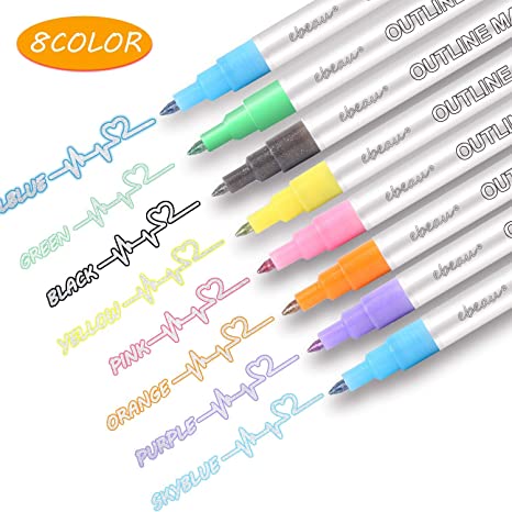 Self-outline Metallic Makers, Contour Pens & Journal Pens for Kids, Double Line Pen, Metallic Outline Makers Pens Writing for Greeting Cards, DIY Accounts, Personality Posters, Painting, 8 Colors
