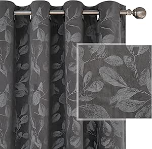 MYSKY HOME Velvet Living Room Curtains 96 inches Long Grey Curtains Room Darkening Thermal Insulated Leaf Pattern Printed Window Treatments for Dining Room Bedroom Home Decor, Wide 50 '', 2 Panels