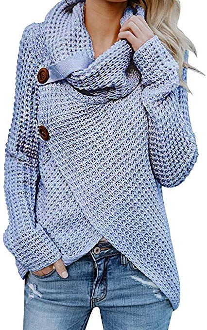 Pxmoda Womens Chunky Button Sweaters Cowl Neck Long Sleeve Wrap Pullover Coat