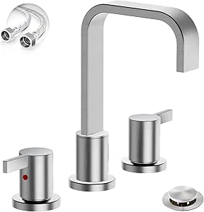 Phiestina Brushed Nickel 8 Inch 3 Hole Widespread Waterfall Bathroom Sink Faucet, Modern Bathroom Faucet with Pop Up Drain and Water Supply Line, WF040B-1-BN