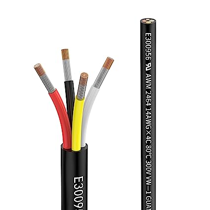 Matugajp 14awg 4 Wire Cable 14/4 Electrical Wire 4 Core Extension Cable 30 feet UL2464 DC 5V/12V/24V/300V 14 Gauge Oxygen Free Stranded Tinned Copper Wire