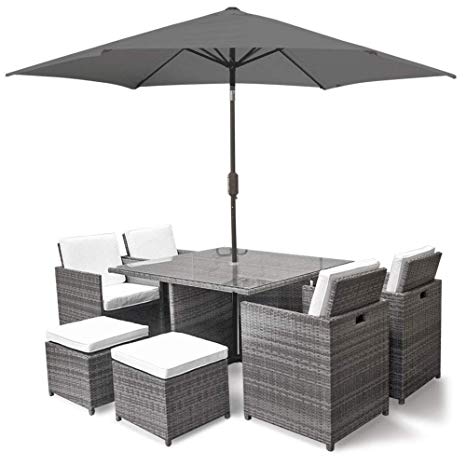 Harts Premium Rattan Dining Set, Cube 8 Seats Garden Patio Conservatory Furniture inc Rain Cover & Parasol (Grey)