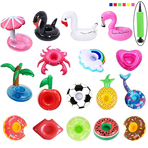 PETUOL Inflatable Drink Holders, 18 Packs Drink Floats Inflatable Cup Coasters for Pool Party and Kids Bath Toys (Mermaid Swan Flamingo Crab Pineapple Heart Mushroom Football Apple Red Lips)