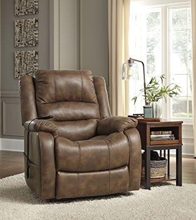 Ashley Yandel 1090012 40" Power Lift Recliner with Dual Motor Capability Split Back Cushion Jumbo Stitching Pillow Top Arms and Fabric Upholstery in Saddle