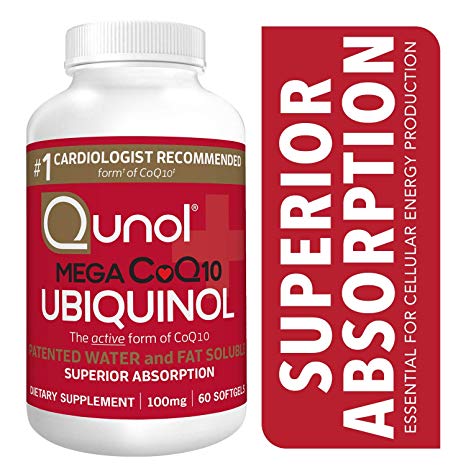 Qunol Mega Ubiquinol CoQ10 100mg, Superior Absorption, Patented Water and Fat Soluble Natural Supplement Form of C0Q10, Antioxidant for Heart Health, 60 Count Softgels