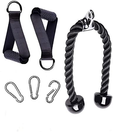 DB Tricep Rope Cable Attachment 35 Inch with 2 Exercise Handles   3 Carabiner Clips - Cable Machine Attachments - Pull Down Rope - Cable Attachments for Gym, Home Gym Accessories (Black)