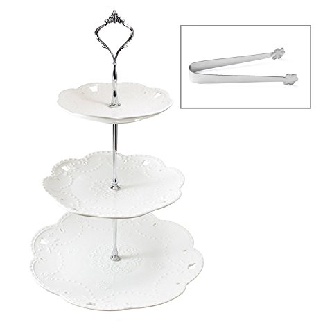3 Tier Porcelain Cake Stand with Sugar Tongs - Party Food Server Display Set - Three Tier Dessert Stand - Perfect for your Tea Party, Baby Shower and Dessert Table - White - Round