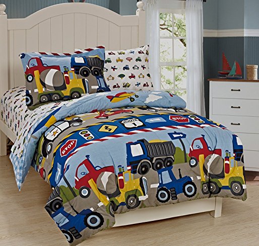 Mk Collection 7Pc Full Size Comforter and Sheet Set Trucks Tractors Cars Police Cars Construction airplane Kids/boys / Teens New# Trucks