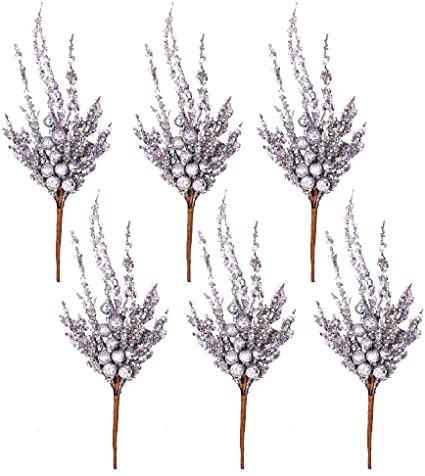 Valery Madelyn 6 Pcs Silver Glitter Christmas Picks with Artificial Berries and Frozen Leaves for Christmas Tree Flower Decoration and Home Decor-12inch