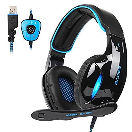 SADES Newest SA902 7.1 Channel Virtual Surround Sound USB Gaming Headset Over-ear Headphones with Noise Isolating Mic LED Light for PC Mac Computer Gamers(Black Blue)