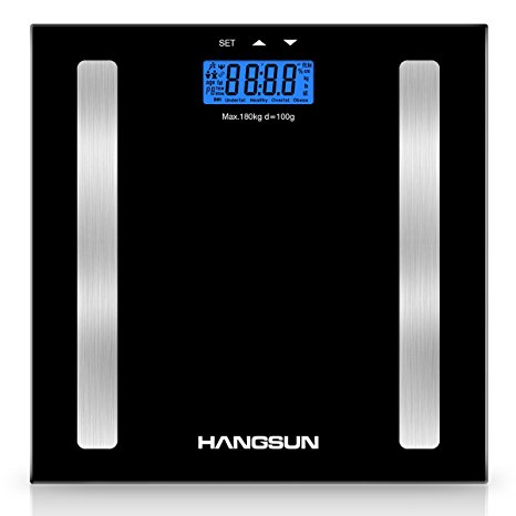 Hangsun Digital Bathroom Scale HS100 Weighing Scale Body Composition Analyser Measures Weight, Body Fat, Hydration, Muscle and Bone Mass with BMI Calculation, Backlight Display, Step On-Off Technology