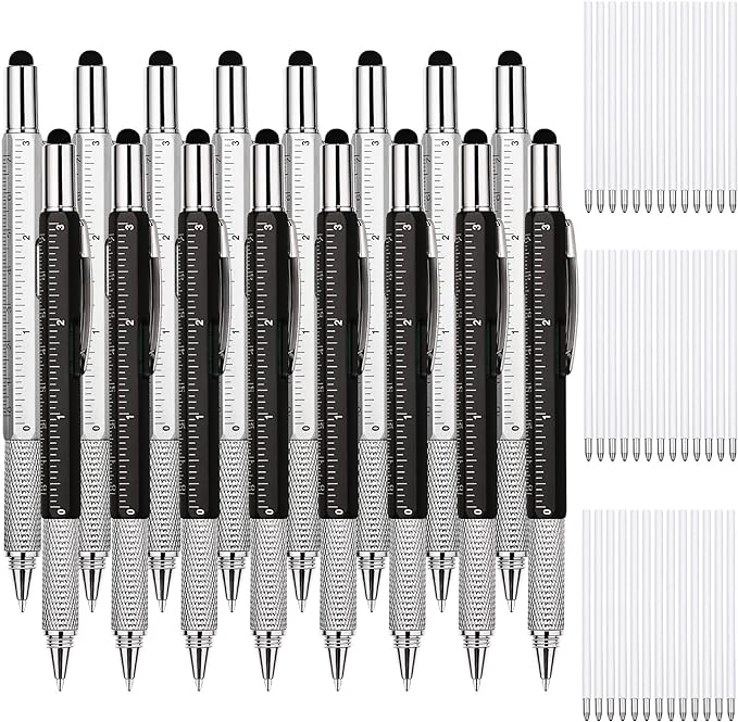 16 Pieces Gift Pen Tool Pen 6 in 1 Multitool Tech Tool Pen with Ruler, Levelgauge, Ballpoint Pen and Pen Refills, Unique Gifts for Men (Black, Silver)