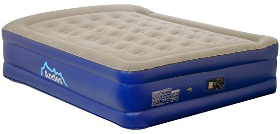 Andes Premium Queen Size Flocked Double Air Bed with Built-in Electric Pump and Pillow