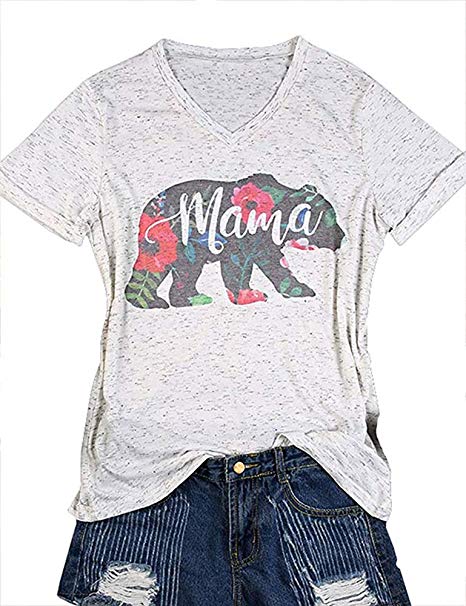 HDLTE Women’s Mama Bear Floral Printed Short Sleeve V-Neck T-Shirt