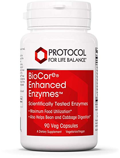 Protocol For Life Balance - BioCore Enhanced Enzymes - Digestive Support - Maximum Food Utilization Like Bean and Cabbage Digestion, Energy Boost, Stress Relief, Natural Cleanse - 90 Veg Capsules