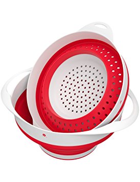 Vremi Collapsible Colander and Bowl Set - Heavy Duty BPA Free Silicone Pasta Strainer - Small Food Drainer with Plastic Base and Handle - Dishwasher Safe Foldable Vegetable and Fruit Strainers - Red