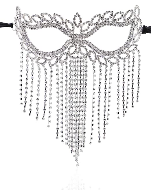 Bellady Rhinestone Cat Eye Fringe Masquerade Mardi Gras Mask with Satin Tie Back,Cat Eye Fringe