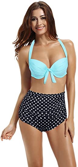 zeraca Retro Halter Push up High Waisted Bikini Carnival Swimsuit