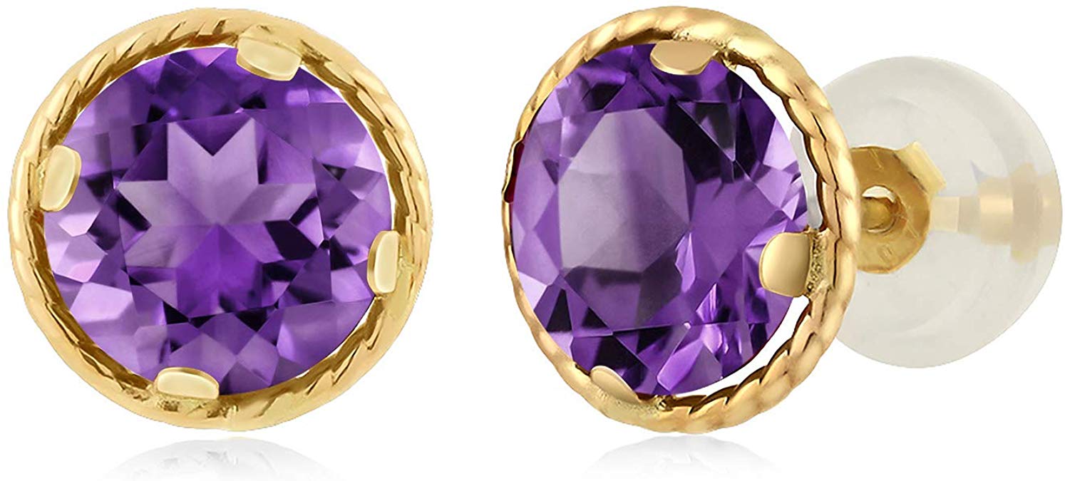 Gem Stone King 14K Yellow Gold Purple Amethyst Stud Earrings For Women Gemstone Birthstone 2.00 Cttw Round 6MM