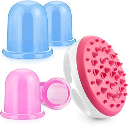 5 Piece Anti Cellulite Cup with Cellulite Massager Kit, Silicone Cupping Set Vacuum Suction Massage Cups with Massage Brush for Face Body Stimulate Blood Circulation (2 Big and 2 Small Cups, 1 Brush)