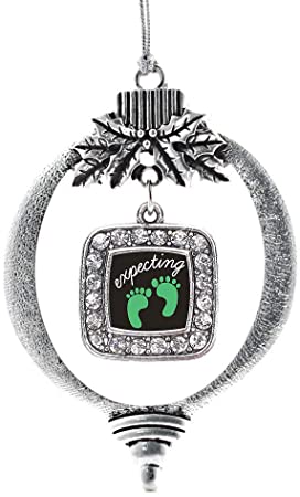Inspired Silver - We're Expecting! Footprints Charm Ornament - Silver Square Charm Holiday Ornaments with Cubic Zirconia Jewelry