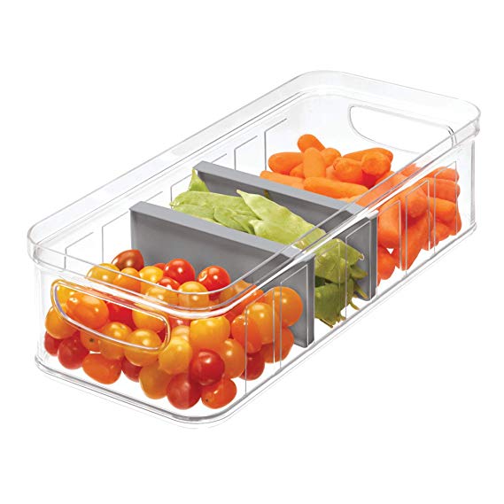 iDesign Crisp Plastic Refrigerator and Pantry Large Divided Bin with Handles, Modular Stacking Food Storage Box for Freezer, Fridge, Office, Cabinet, Bathroom, BPA Free, Clear and Gray