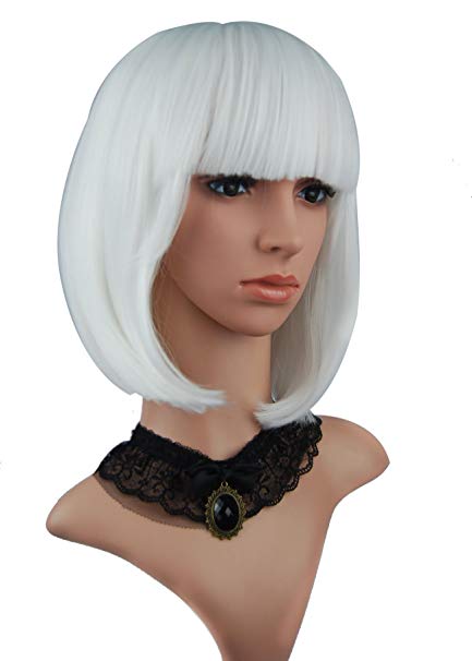 eNilecor Short Hair Wig 12'' Straight Bangs Short Bob Hair Candy Color Cosplay Synthetic Wigs Natural As Real Hair with Wig Cap (White)