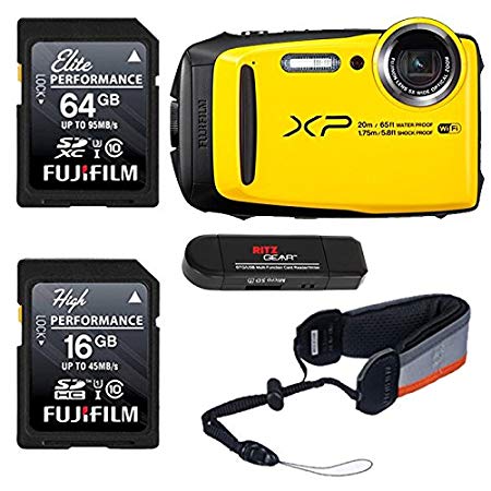 FUJIFILM FinePix XP130 - Yellow, Fujifilm 64GB and 16GB SD Memory Cards and Fujifilm Rugged Float Strap Bundle