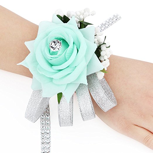 FAYBOX Velvet Open Rose Silvery Bling Ribbon Rhinestone Stretch Bracelet Wedding Prom Wrist Corsage Hand Flower Pack of 2 Mint