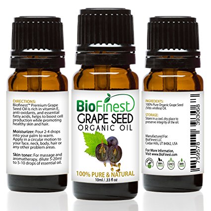 BioFinest Grape Seed Organic Oil for Hair, Face & Skin - 100% Pure, Natural, Cold Pressed - Certified Organic - Anti-Aging, Anti-Oxidant moisturizer - FREE E-Book (10ml)