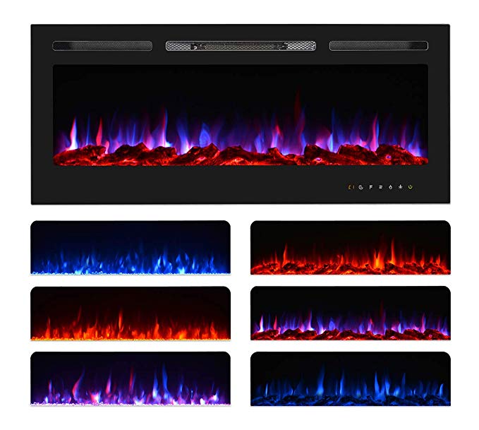 U-MAX 50" Recessed Electric Fireplace, Wall Mounted Electric Fireplaces, Log Set & Crystal, 750W/1500W Heater, Black