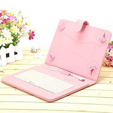 iRULU Leather USB Keyboard Case for 8 - 9 Inch Touch Screen Tablet with Buttons and Stand -Pink