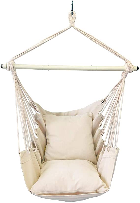 Highwild Hanging Rope Hammock Chair Swing Seat for Any Indoor or Outdoor Spaces - 500 lbs Weight Capacity - 2 Seat Cushions Included (Beige)