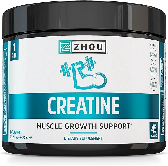 Zhou Nutrition Creatine Monohydrate Powder, 5g Per Serving, Pure Creatine Supplement for Muscle Growth, Recovery and Physical Performance, Vegan, Non-GMO, Gluten Free, No Soy, 45 Servings