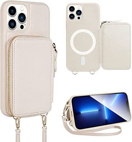 ZVE iPhone 13 Pro Magnetic Wallet Case for Women, Magsafe Charging Phone Case with RFID Card Holder Wrist Strap, Leather Purse Cover Present for iPhone 13 Pro, 6.1 inch-Beige