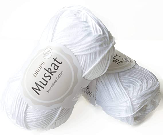 100% Cotton Yarn for Knitting and Crocheting, 3 or Light, DK, Worsted Weight, Drops Muskat, 1.8 oz 109 Yards per Ball (18 White)