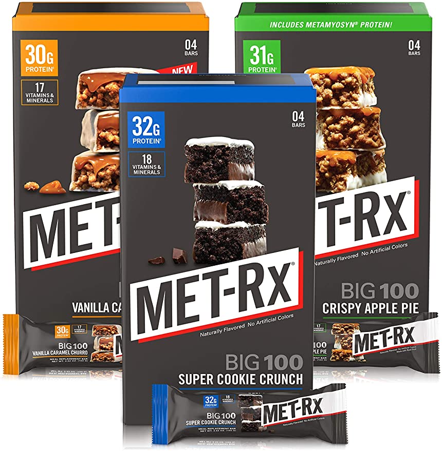 MET-Rx Big 100 Colossal Protein Bars, Healthy Meal Replacement Snack, Super Cookie Crunch, Vanilla Caramel Churro, Crispy Apple Pie Variety, 12 Count