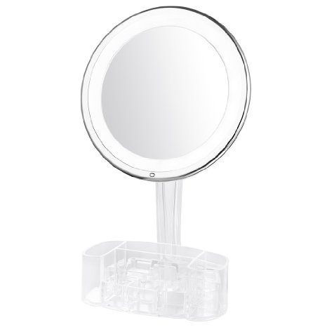 Jerrybox LED Lighted Makeup Mirror with Acrylic Makeup Organizer, 7× Magnification, Adjustable, Dimmable, Cordless, Collapsible, Adjustable Warm Light Bathroom Mirror, White, BONUS Pocket Mirror