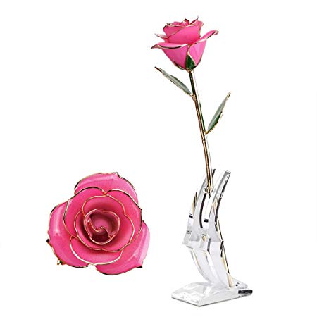 Lemonbest 24K Eternal Gold Plated Rose Flower with Display Stand Creative Mother's Day Valentine's Day Anniversary Birthday Gift (Pink with Stand)