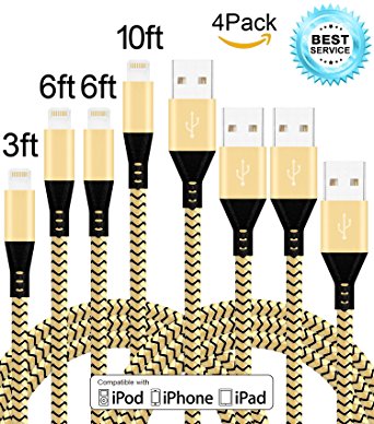 Mscrosmi 4 Pack 3ft 6ft 6ft 10ft Nylon Braided Lightning to USB Cable for Apple iPhone 7/7 Plus/6/6s/6 Plus/6s Plus/5/5c/5s/SE/iPad/iPod and More.(Gold Black)