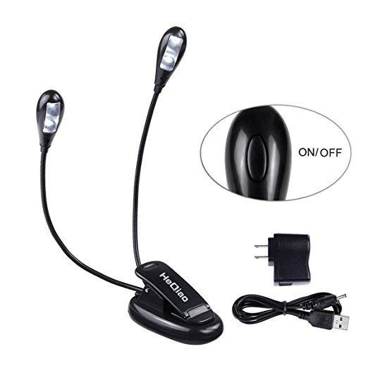 HeQiao Rechargeable LED Book Light, Dual Head 2 Arms 4 Led Light Portable and Flexible,7.8 Inch Brightness, AC Adaptor and USB Cable Included,Clip Light with Stand, Task Lighting (Dual-Arm)