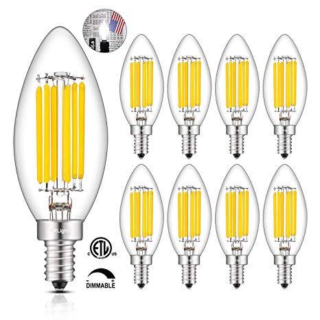 CRLight 6W Smooth Dimmable 5000K LED Candelabra Bulb Daylight White, 65W Equivalent 650LM, E12 Base LED Filament Light Bulbs, Vintage B11 Candle Clear Glass Chandelier Bulbs, New Version, 8 Pack