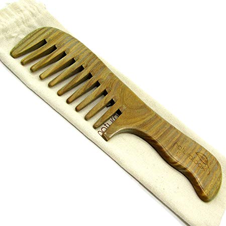 Naturaloox Natural Green Sandalwood Anti Static Wide Tooth Comb 8" Fragrant Hair Detangler With Travel Pouch