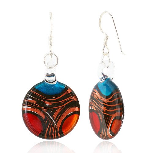 925 Sterling Silver Hand Blown Venetian Murano Glass Red Blue Yellow Gold Curve Dangle Earrings