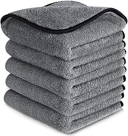 mixigoo Car Drying Towels 5 Pack - Super Absorbent Microfiber Cleaning Cloth Lint Free, 1200 GSM Ultra Thick Premium Microfiber Towels for Cars/Windows/Screen 16'' x 16'', Use Wet or Dry